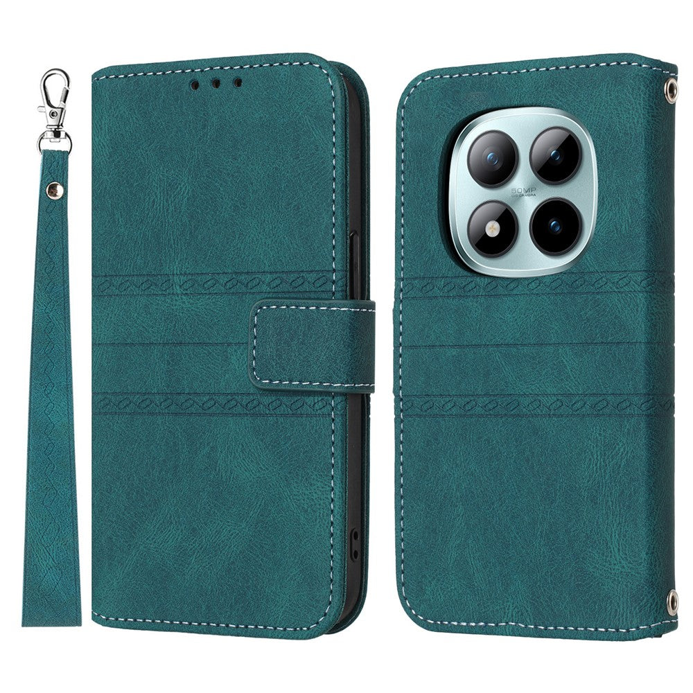 For Xiaomi Poco M8 Pro 5G / Redmi Note 15 Pro+ 5G (Global) Case Wallet Skin-Touch Leather Imprinted Phone Cover with Wrist Strap - Blackish Green