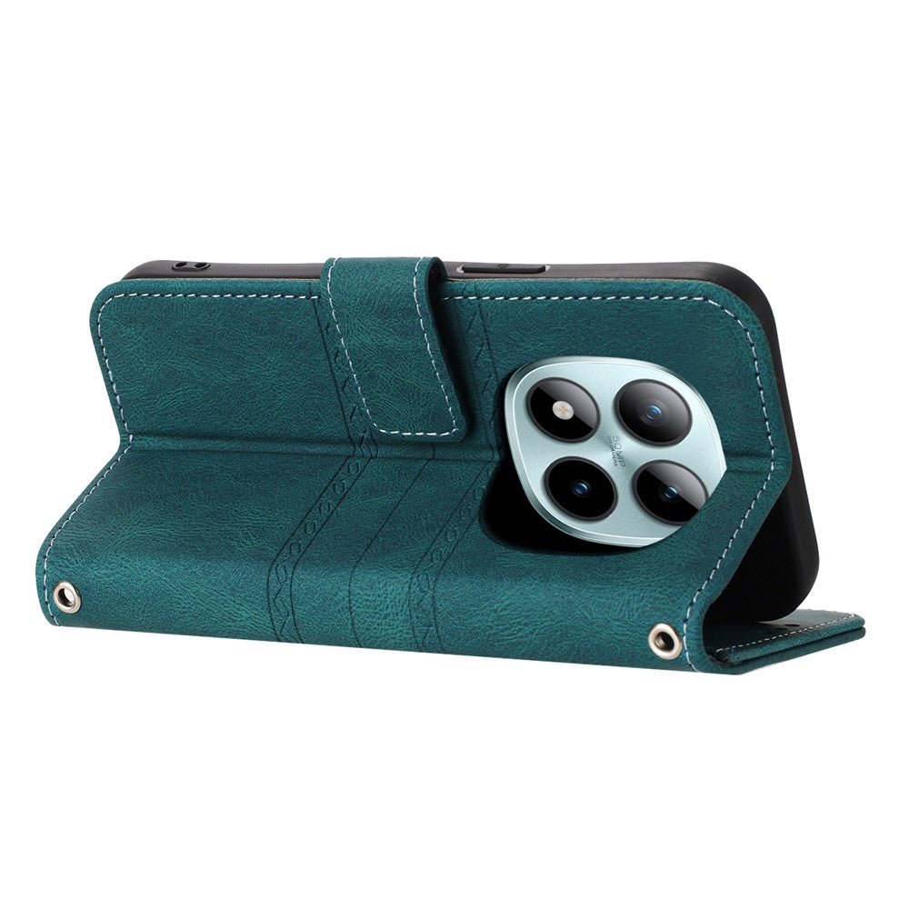 For Xiaomi Poco M8 Pro 5G / Redmi Note 15 Pro+ 5G (Global) Case Wallet Skin-Touch Leather Imprinted Phone Cover with Wrist Strap - Blackish Green