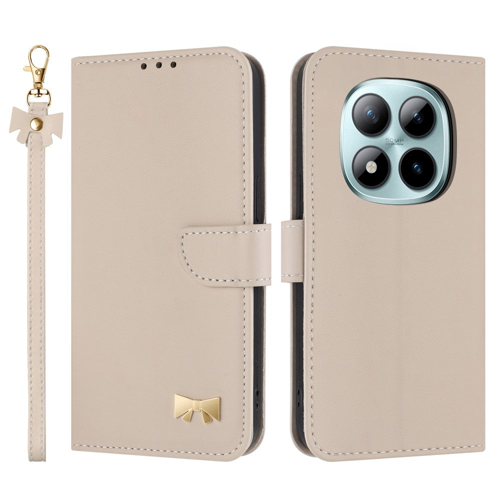 For Xiaomi Poco M8 Pro 5G / Redmi Note 15 Pro+ 5G (Global) Case Bowknot Decor Wallet Leather Phone Cover with Wrist Strap - Khaki