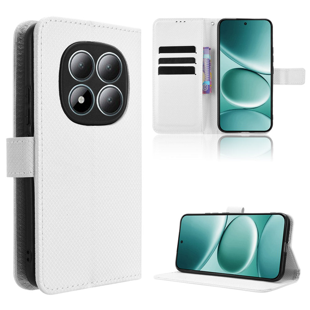 For Xiaomi Redmi Note 15 Pro 5G (Global) Leather Wallet Case with Strap Diamond Texture Phone Cover - White