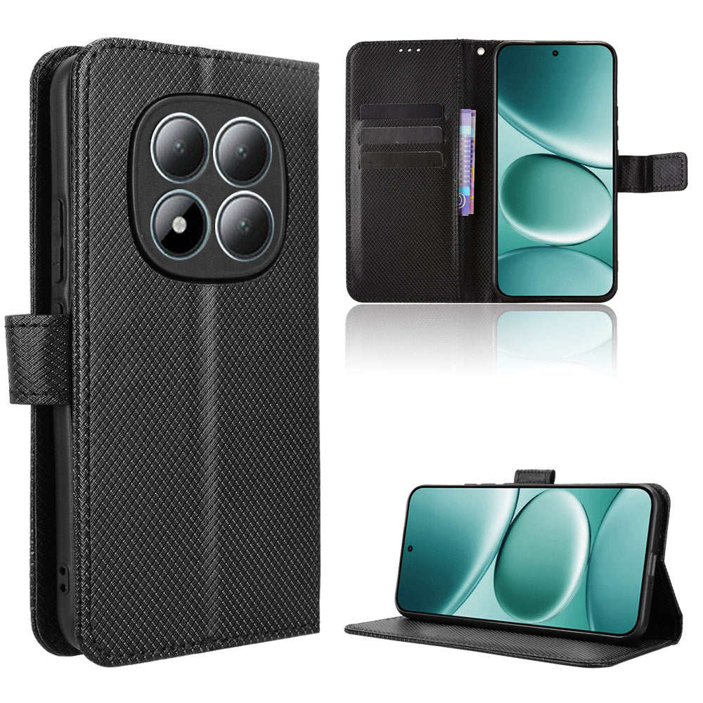 For Xiaomi Poco M8 Pro 5G / Redmi Note 15 Pro+ 5G (Global) Leather Wallet Case with Strap Diamond Texture Phone Cover - Black