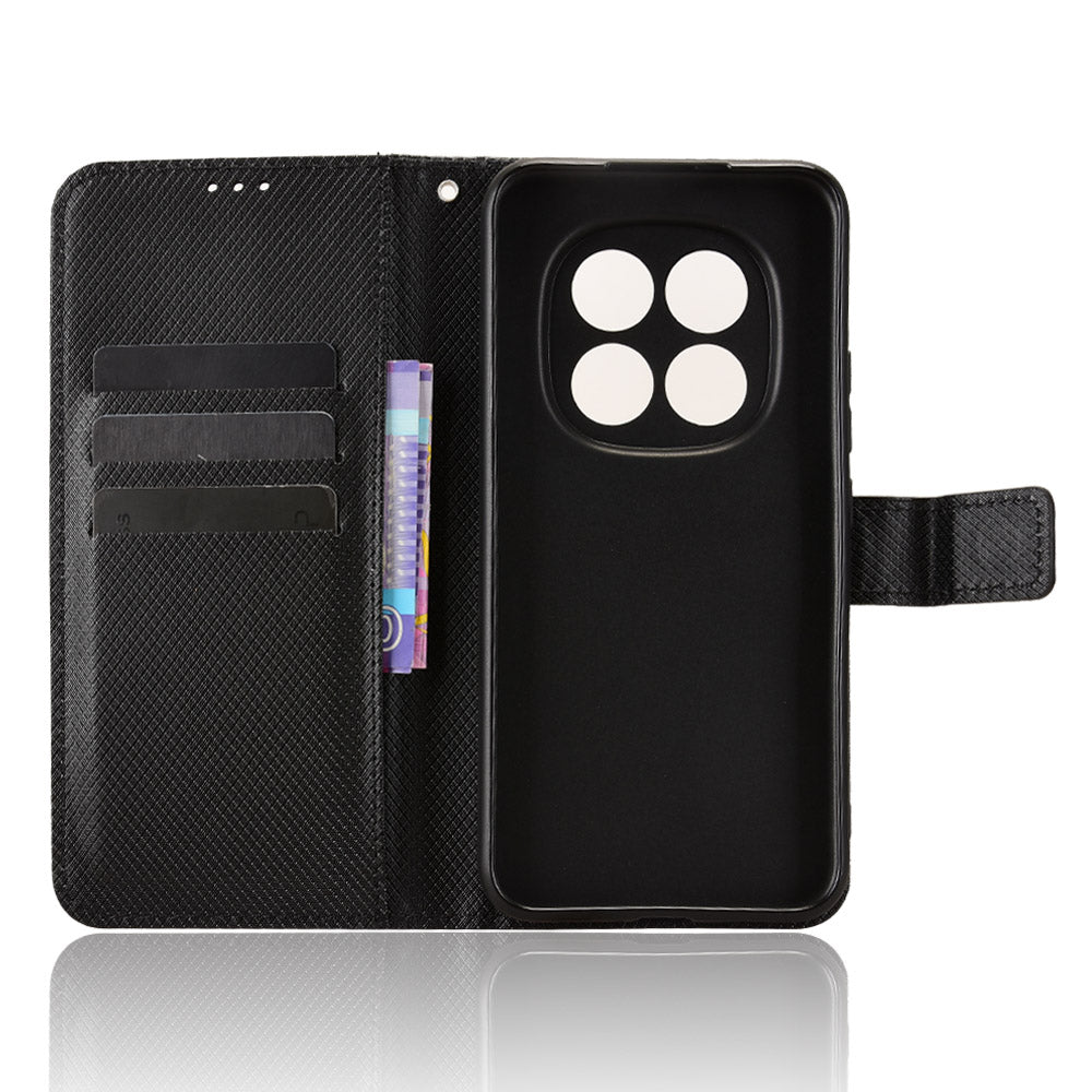 For Xiaomi Poco M8 Pro 5G / Redmi Note 15 Pro+ 5G (Global) Leather Wallet Case with Strap Diamond Texture Phone Cover - Black