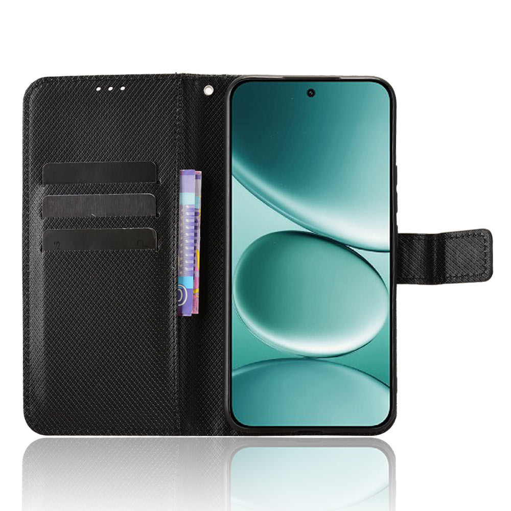 For Xiaomi Poco M8 Pro 5G / Redmi Note 15 Pro+ 5G (Global) Leather Wallet Case with Strap Diamond Texture Phone Cover - Black