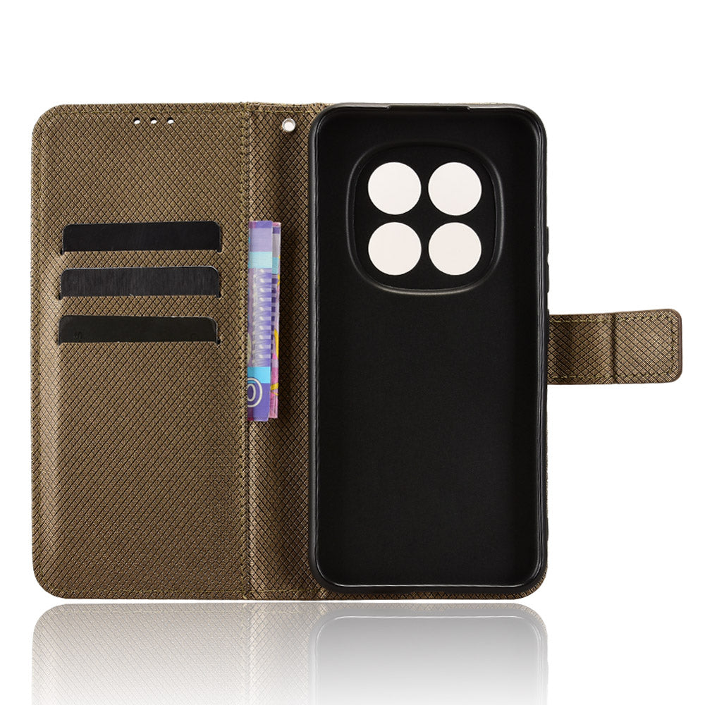 For Xiaomi Poco M8 Pro 5G / Redmi Note 15 Pro+ 5G (Global) Leather Wallet Case with Strap Diamond Texture Phone Cover - Brown