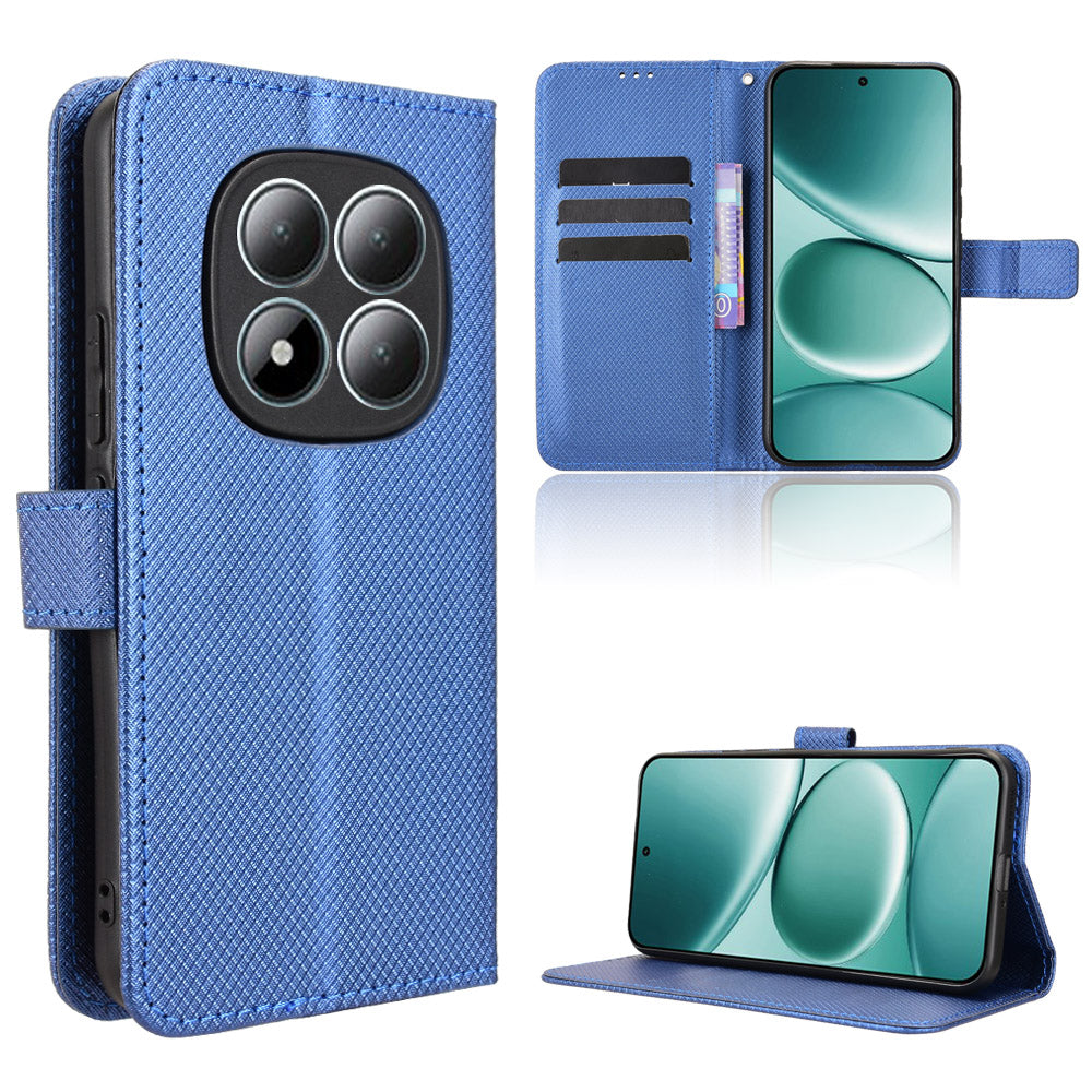 For Xiaomi Poco M8 Pro 5G / Redmi Note 15 Pro+ 5G (Global) Leather Wallet Case with Strap Diamond Texture Phone Cover - Blue
