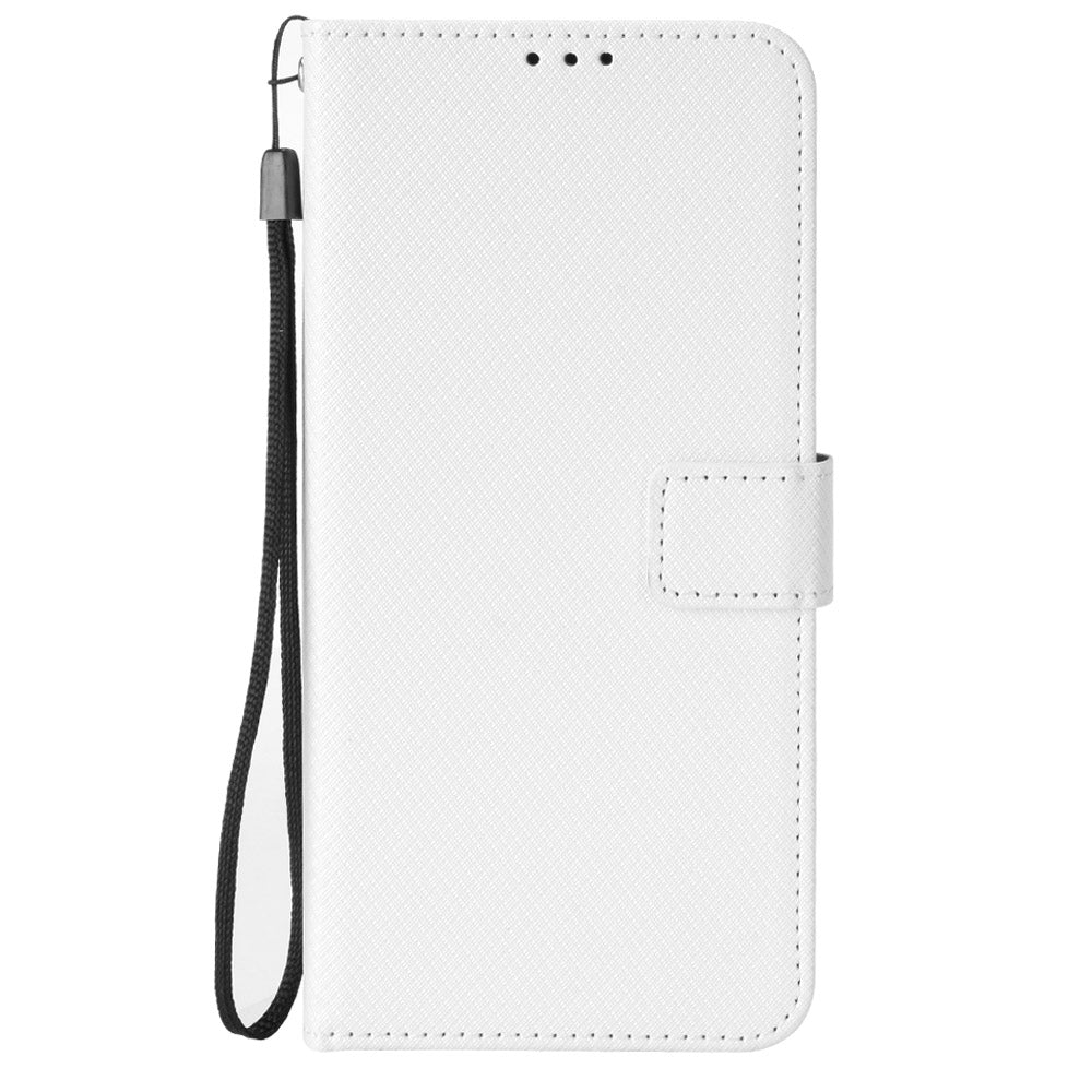 For Xiaomi Poco M8 Pro 5G / Redmi Note 15 Pro+ 5G (Global) Leather Wallet Case with Strap Diamond Texture Phone Cover - White