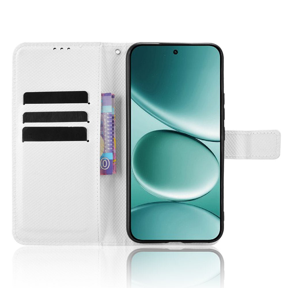 For Xiaomi Poco M8 Pro 5G / Redmi Note 15 Pro+ 5G (Global) Leather Wallet Case with Strap Diamond Texture Phone Cover - White