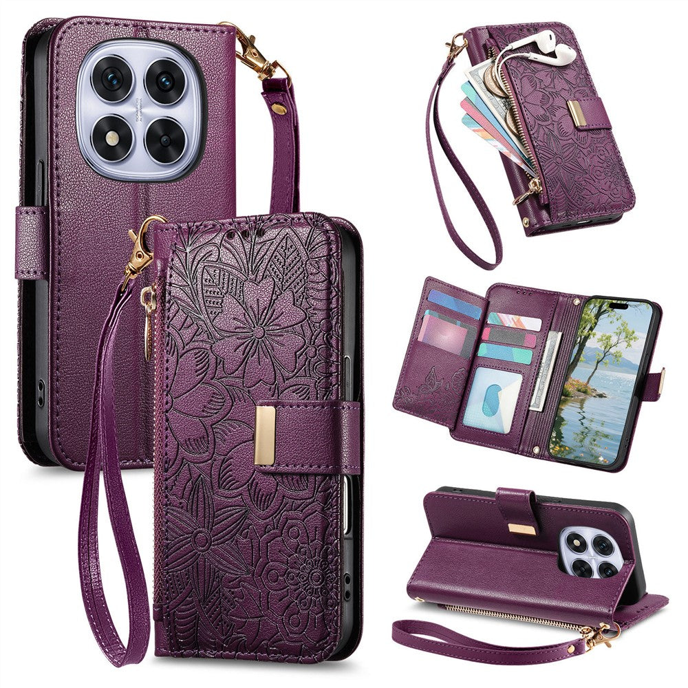 For Xiaomi Poco M8 Pro 5G / Redmi Note 15 Pro+ 5G (Global) Case Floral Leaf Pattern Multi Card Slots Zipper Leather Phone Cover with Wrist Strap - Purple