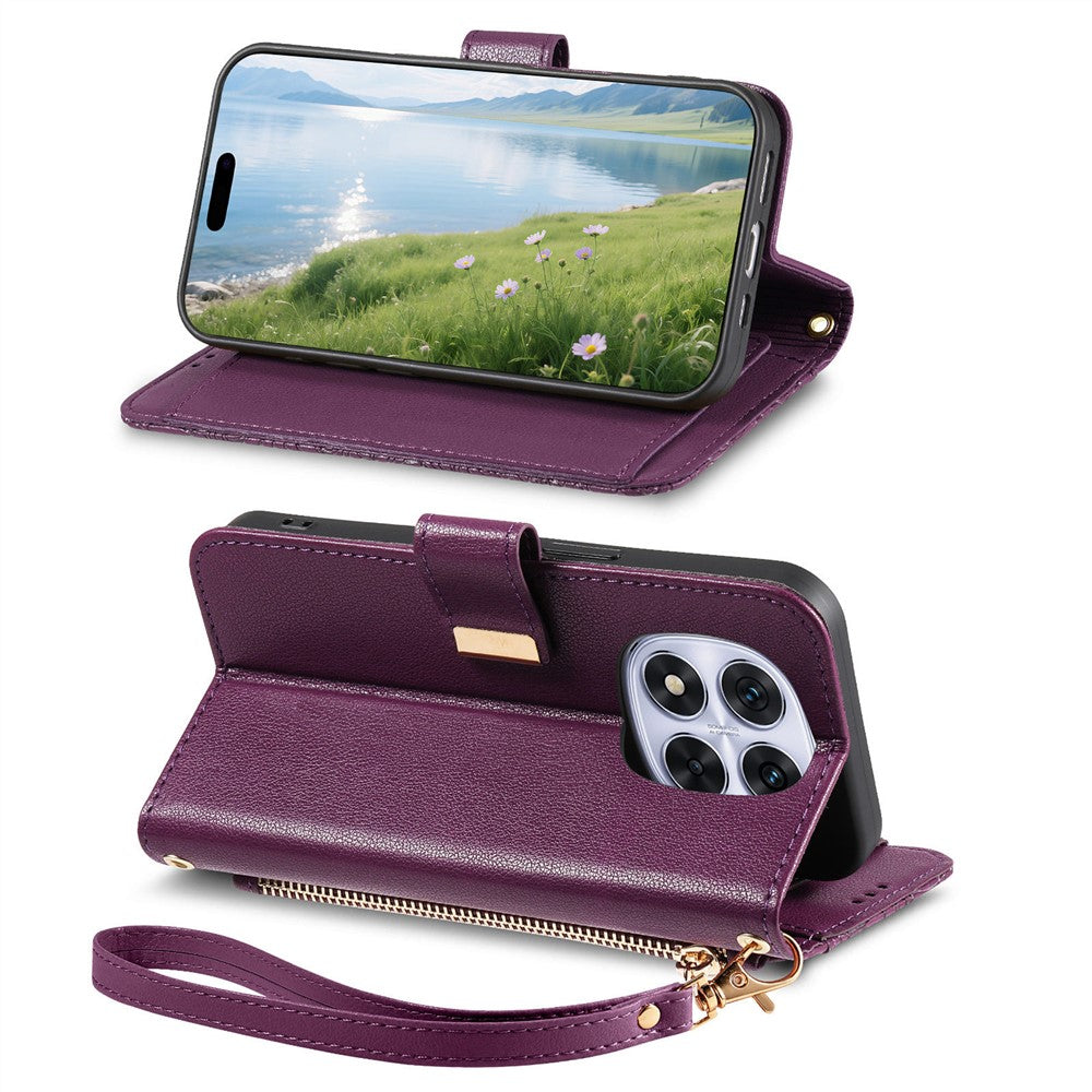 For Xiaomi Poco M8 Pro 5G / Redmi Note 15 Pro+ 5G (Global) Case Floral Leaf Pattern Multi Card Slots Zipper Leather Phone Cover with Wrist Strap - Purple