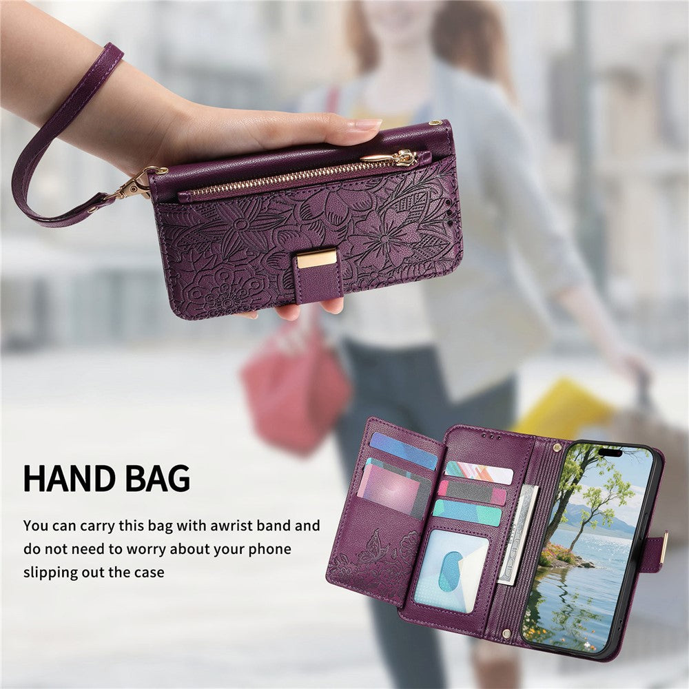 For Xiaomi Poco M8 Pro 5G / Redmi Note 15 Pro+ 5G (Global) Case Floral Leaf Pattern Multi Card Slots Zipper Leather Phone Cover with Wrist Strap - Purple