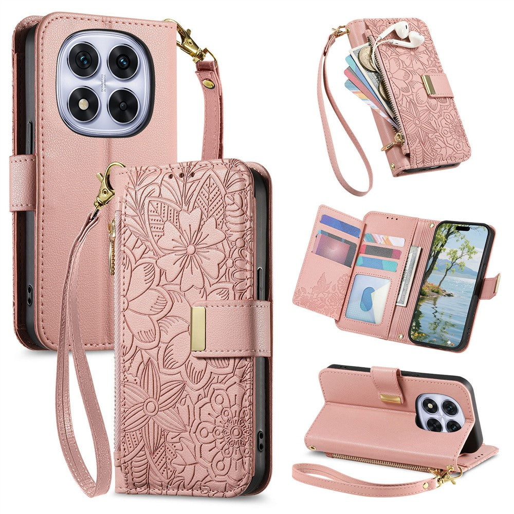 For Xiaomi Poco M8 Pro 5G / Redmi Note 15 Pro+ 5G (Global) Case Floral Leaf Pattern Multi Card Slots Zipper Leather Phone Cover with Wrist Strap - Pink