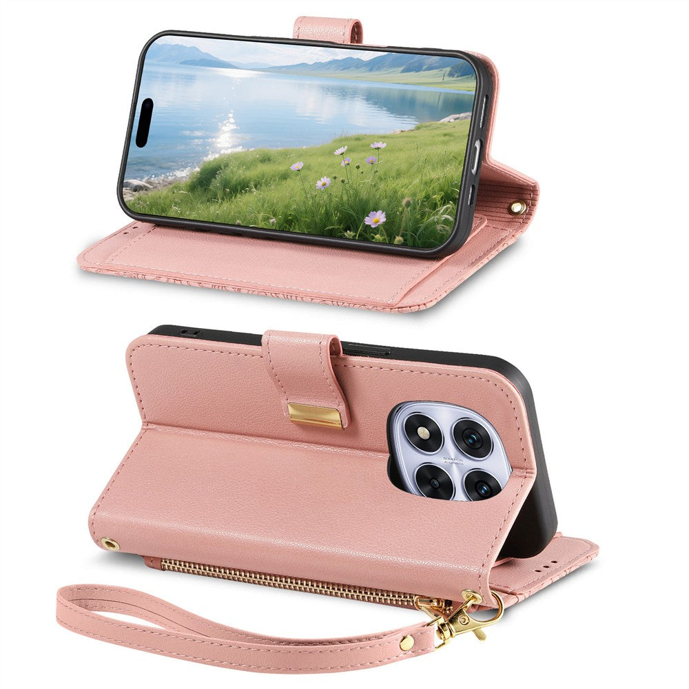 For Xiaomi Poco M8 Pro 5G / Redmi Note 15 Pro+ 5G (Global) Case Floral Leaf Pattern Multi Card Slots Zipper Leather Phone Cover with Wrist Strap - Pink