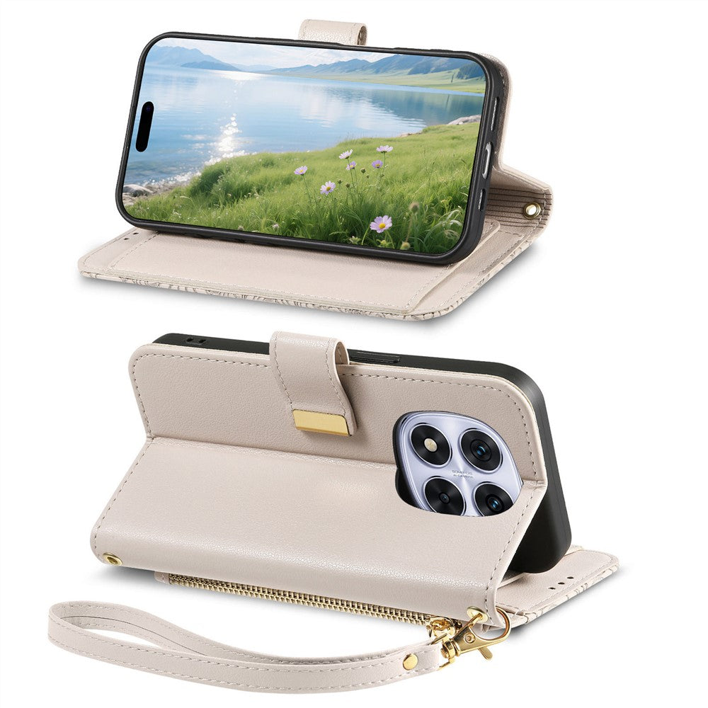 For Xiaomi Poco M8 Pro 5G / Redmi Note 15 Pro+ 5G (Global) Case Floral Leaf Pattern Multi Card Slots Zipper Leather Phone Cover with Wrist Strap - White