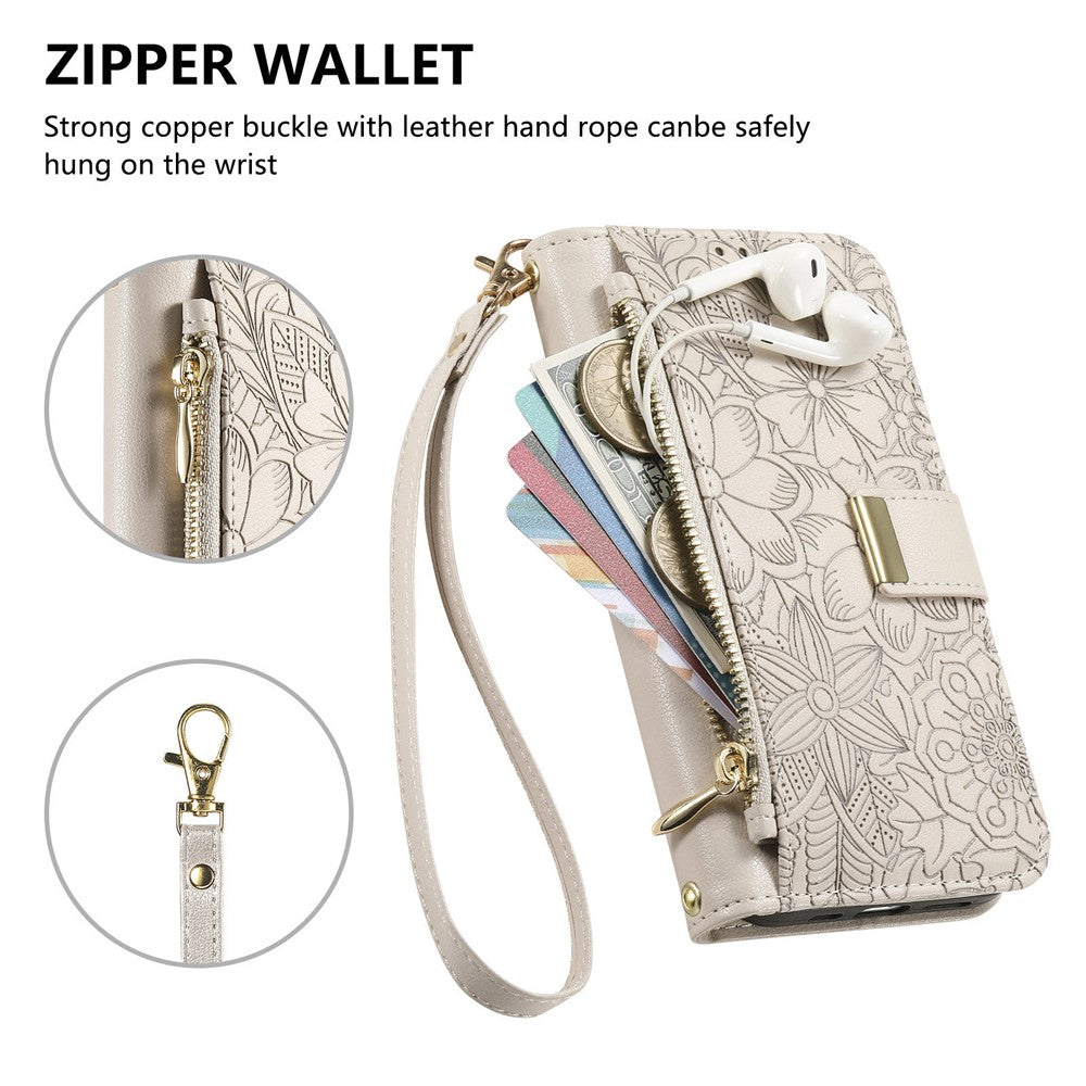 For Xiaomi Poco M8 Pro 5G / Redmi Note 15 Pro+ 5G (Global) Case Floral Leaf Pattern Multi Card Slots Zipper Leather Phone Cover with Wrist Strap - White