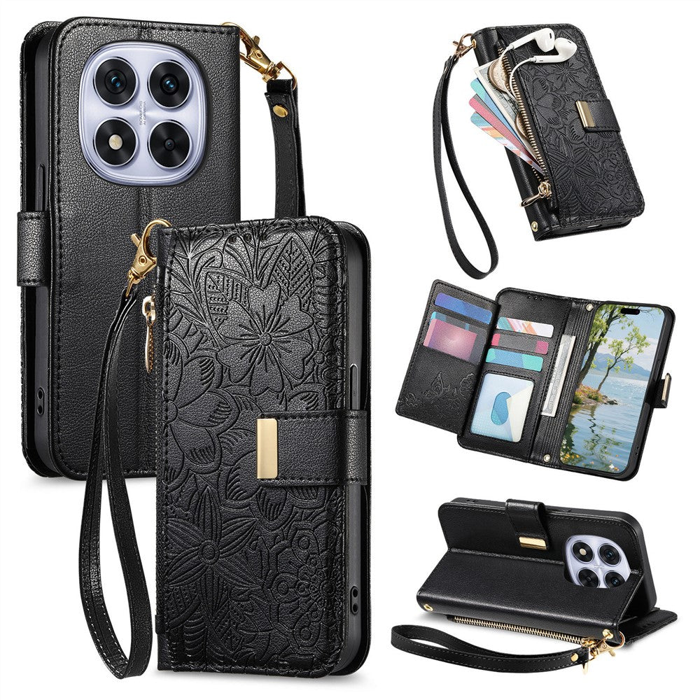For Xiaomi Poco M8 Pro 5G / Redmi Note 15 Pro+ 5G (Global) Case Floral Leaf Pattern Multi Card Slots Zipper Leather Phone Cover with Wrist Strap - Black