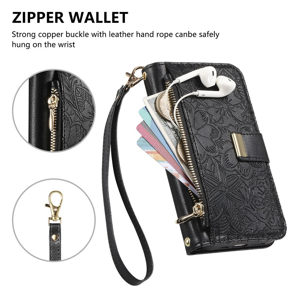 For Xiaomi Poco M8 Pro 5G / Redmi Note 15 Pro+ 5G (Global) Case Floral Leaf Pattern Multi Card Slots Zipper Leather Phone Cover with Wrist Strap - Black