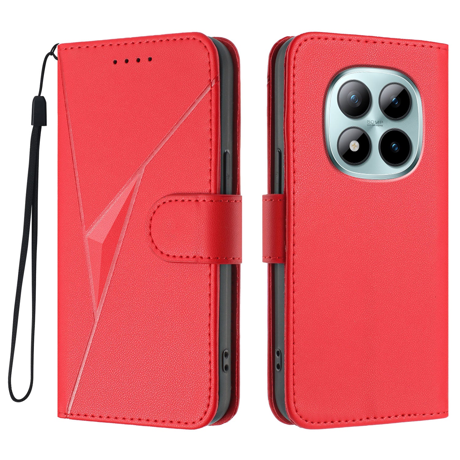 For Xiaomi Poco M8 Pro 5G / Redmi Note 15 Pro+ 5G (Global) Case Triangle Imprint Leather Phone Cover with Lanyard - Red