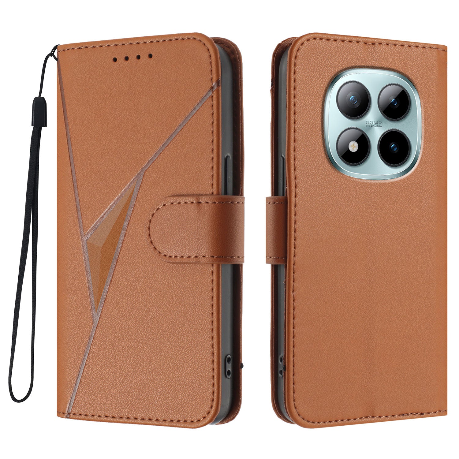 For Xiaomi Poco M8 Pro 5G / Redmi Note 15 Pro+ 5G (Global) Case Triangle Imprint Leather Phone Cover with Lanyard - Coffee