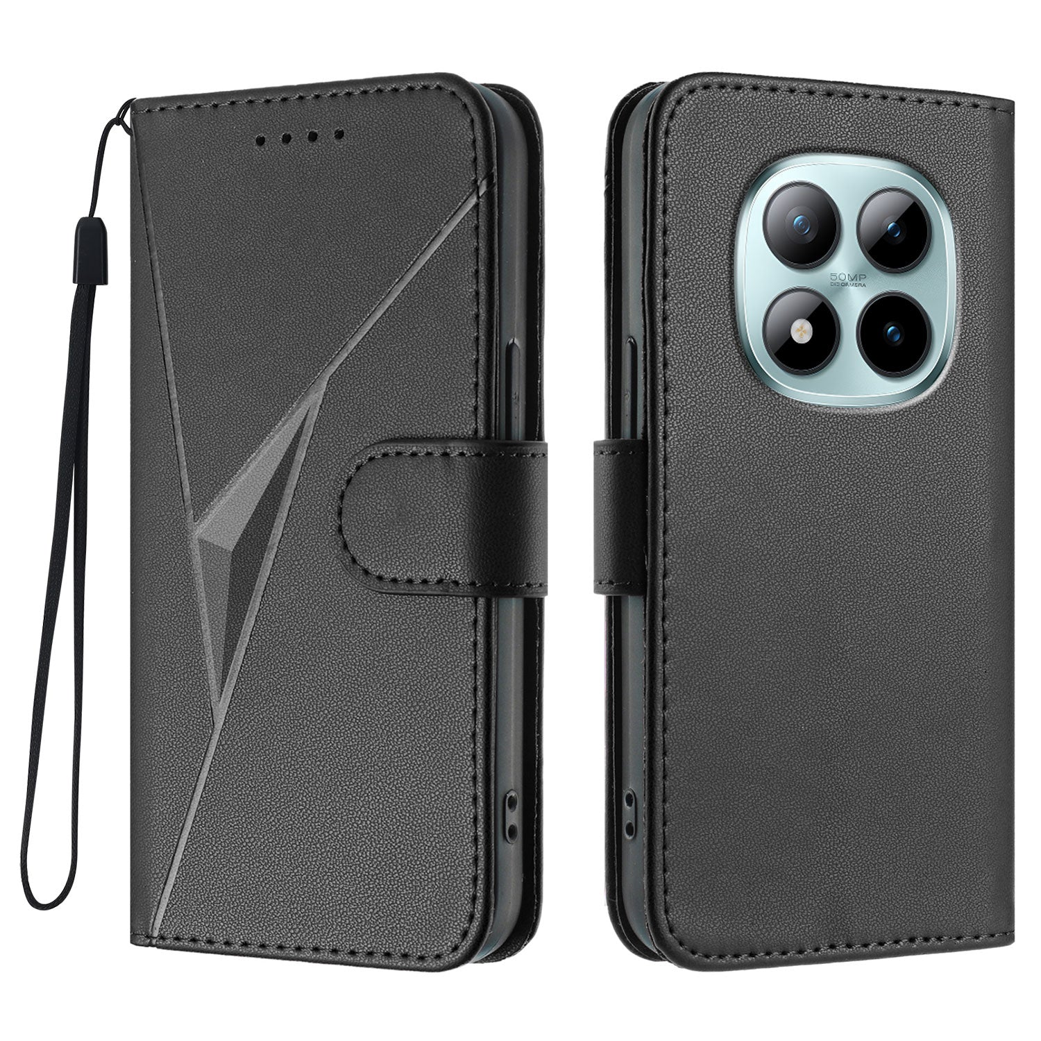 For Xiaomi Poco M8 Pro 5G / Redmi Note 15 Pro+ 5G (Global) Case Triangle Imprint Leather Phone Cover with Lanyard - Black