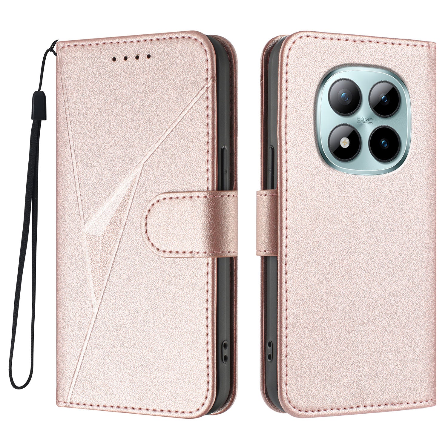 For Xiaomi Poco M8 Pro 5G / Redmi Note 15 Pro+ 5G (Global) Case Triangle Imprint Leather Phone Cover with Lanyard - Rose Gold