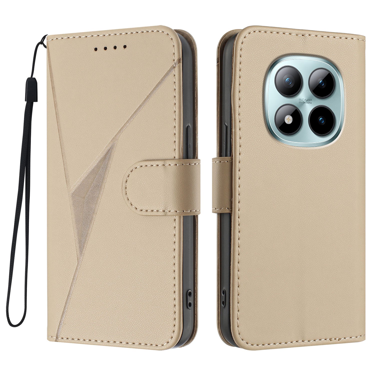 For Xiaomi Poco M8 Pro 5G / Redmi Note 15 Pro+ 5G (Global) Case Triangle Imprint Leather Phone Cover with Lanyard - Golden