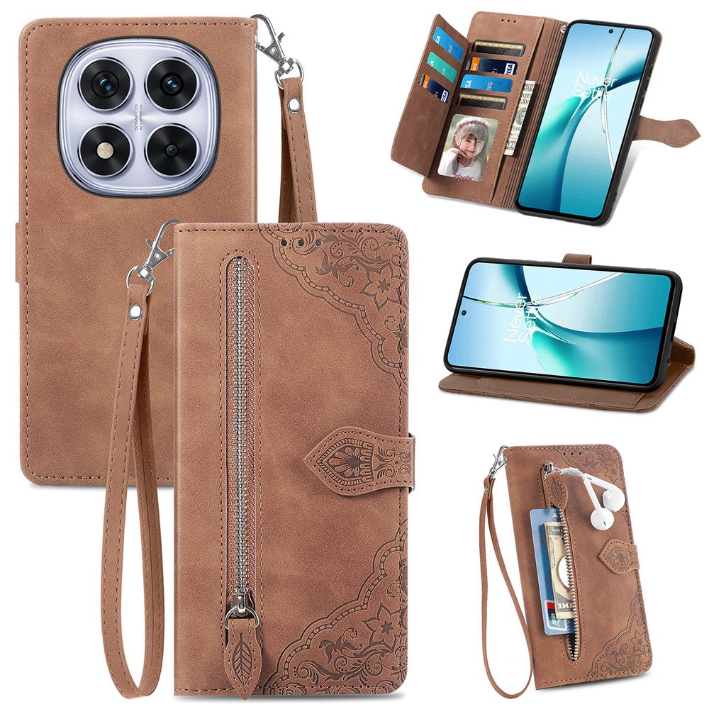 For Xiaomi Poco M8 Pro 5G / Redmi Note 15 Pro+ 5G (Global) Zipper Wallet Case with Strap Flower Imprint PU Leather Phone Cover - Brown