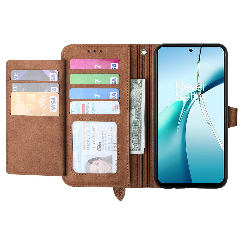 For Xiaomi Poco M8 Pro 5G / Redmi Note 15 Pro+ 5G (Global) Zipper Wallet Case with Strap Flower Imprint PU Leather Phone Cover - Brown