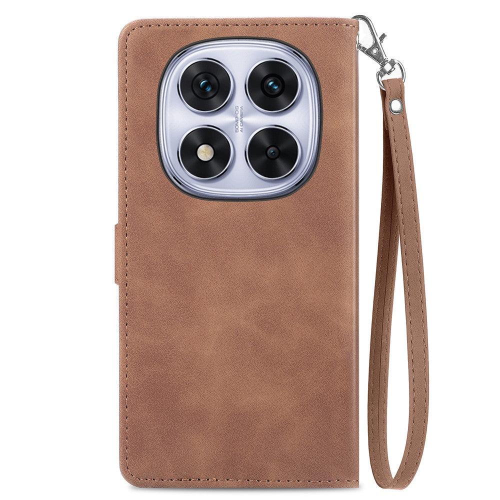For Xiaomi Poco M8 Pro 5G / Redmi Note 15 Pro+ 5G (Global) Zipper Wallet Case with Strap Flower Imprint PU Leather Phone Cover - Brown
