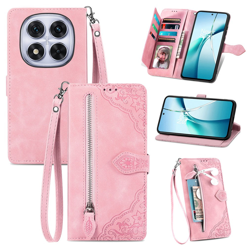 For Xiaomi Poco M8 Pro 5G / Redmi Note 15 Pro+ 5G (Global) Zipper Wallet Case with Strap Flower Imprint PU Leather Phone Cover - Pink