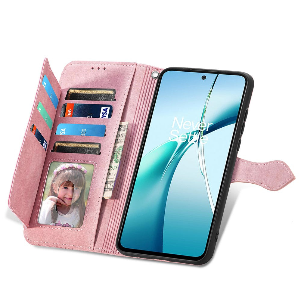For Xiaomi Poco M8 Pro 5G / Redmi Note 15 Pro+ 5G (Global) Zipper Wallet Case with Strap Flower Imprint PU Leather Phone Cover - Pink