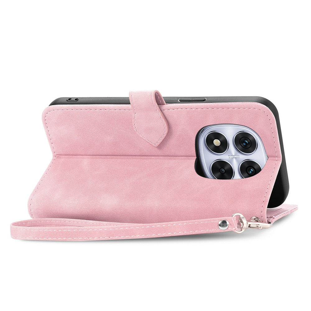 For Xiaomi Poco M8 Pro 5G / Redmi Note 15 Pro+ 5G (Global) Zipper Wallet Case with Strap Flower Imprint PU Leather Phone Cover - Pink