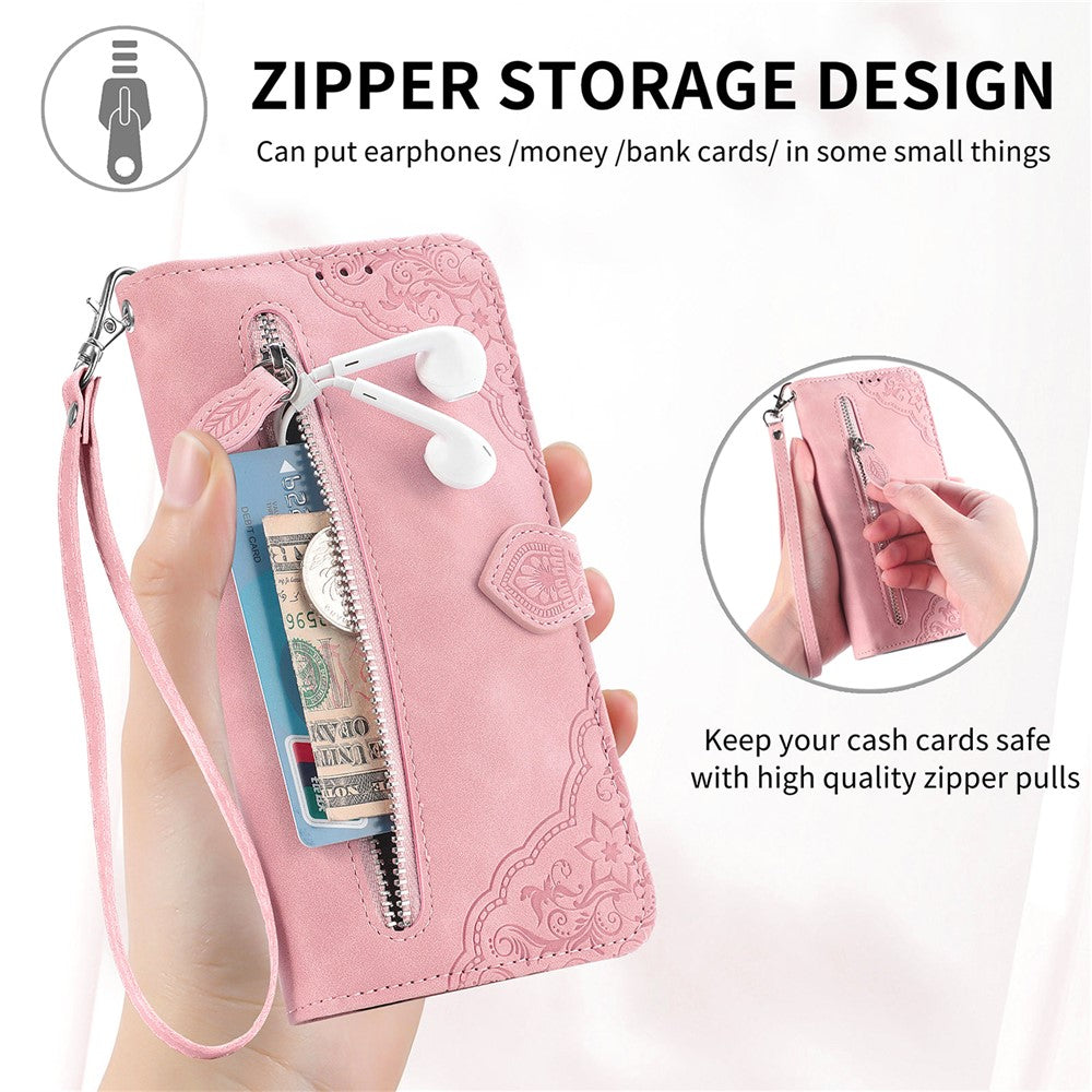 For Xiaomi Poco M8 Pro 5G / Redmi Note 15 Pro+ 5G (Global) Zipper Wallet Case with Strap Flower Imprint PU Leather Phone Cover - Pink