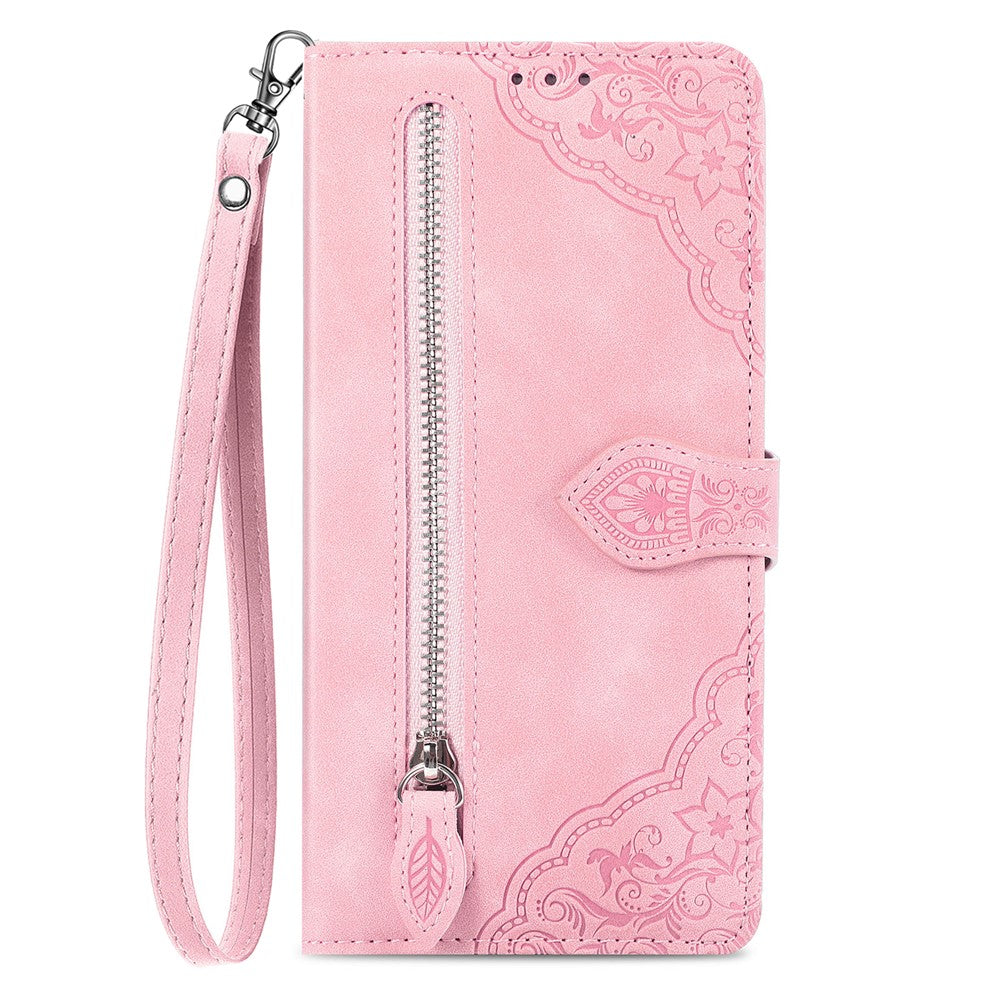 For Xiaomi Poco M8 Pro 5G / Redmi Note 15 Pro+ 5G (Global) Zipper Wallet Case with Strap Flower Imprint PU Leather Phone Cover - Pink