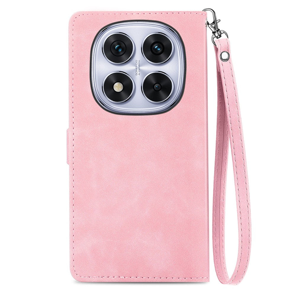 For Xiaomi Poco M8 Pro 5G / Redmi Note 15 Pro+ 5G (Global) Zipper Wallet Case with Strap Flower Imprint PU Leather Phone Cover - Pink