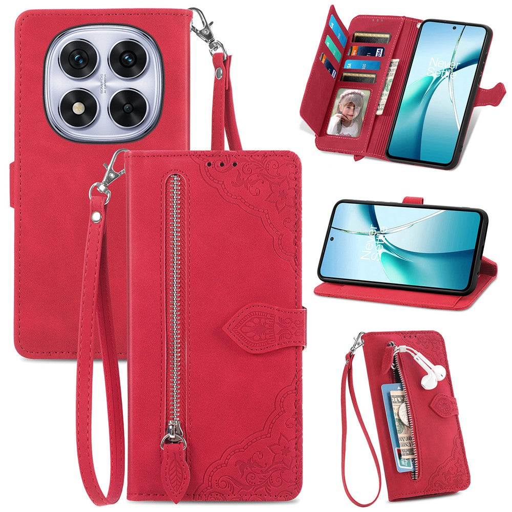 For Xiaomi Poco M8 Pro 5G / Redmi Note 15 Pro+ 5G (Global) Zipper Wallet Case with Strap Flower Imprint PU Leather Phone Cover - Red
