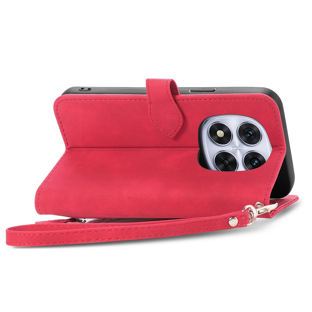 For Xiaomi Poco M8 Pro 5G / Redmi Note 15 Pro+ 5G (Global) Zipper Wallet Case with Strap Flower Imprint PU Leather Phone Cover - Red
