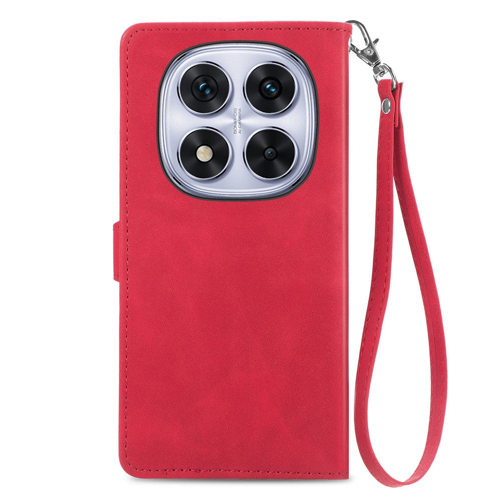 For Xiaomi Poco M8 Pro 5G / Redmi Note 15 Pro+ 5G (Global) Zipper Wallet Case with Strap Flower Imprint PU Leather Phone Cover - Red