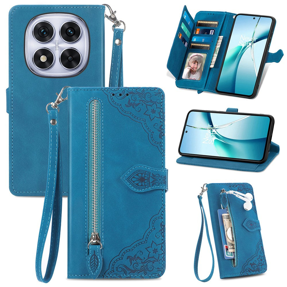 For Xiaomi Poco M8 Pro 5G / Redmi Note 15 Pro+ 5G (Global) Zipper Wallet Case with Strap Flower Imprint PU Leather Phone Cover - Blue