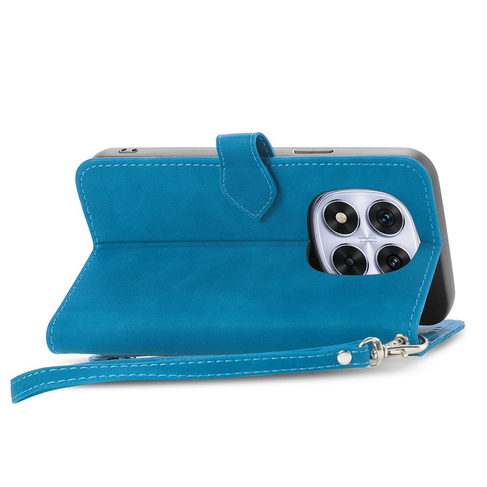 For Xiaomi Poco M8 Pro 5G / Redmi Note 15 Pro+ 5G (Global) Zipper Wallet Case with Strap Flower Imprint PU Leather Phone Cover - Blue