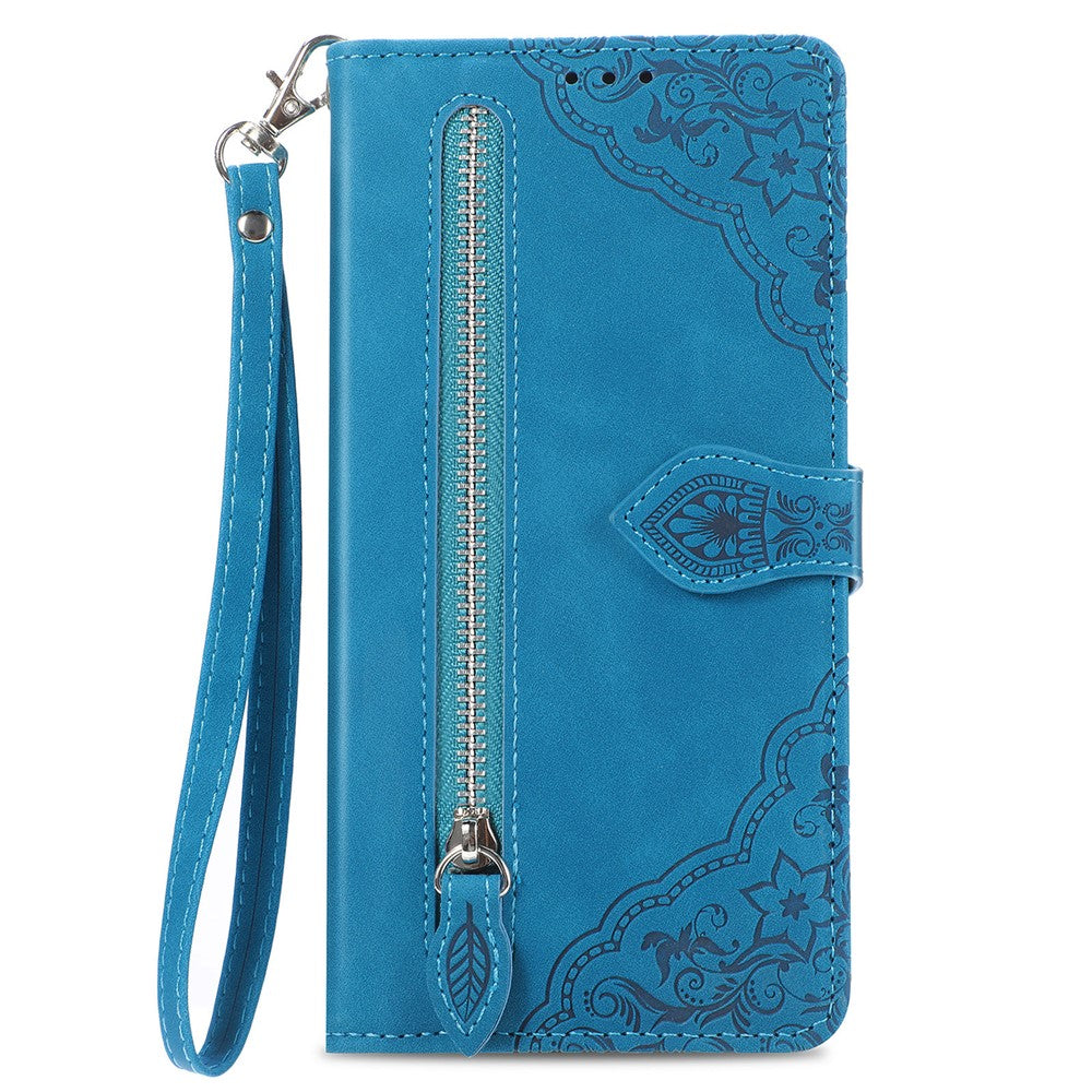 For Xiaomi Poco M8 Pro 5G / Redmi Note 15 Pro+ 5G (Global) Zipper Wallet Case with Strap Flower Imprint PU Leather Phone Cover - Blue