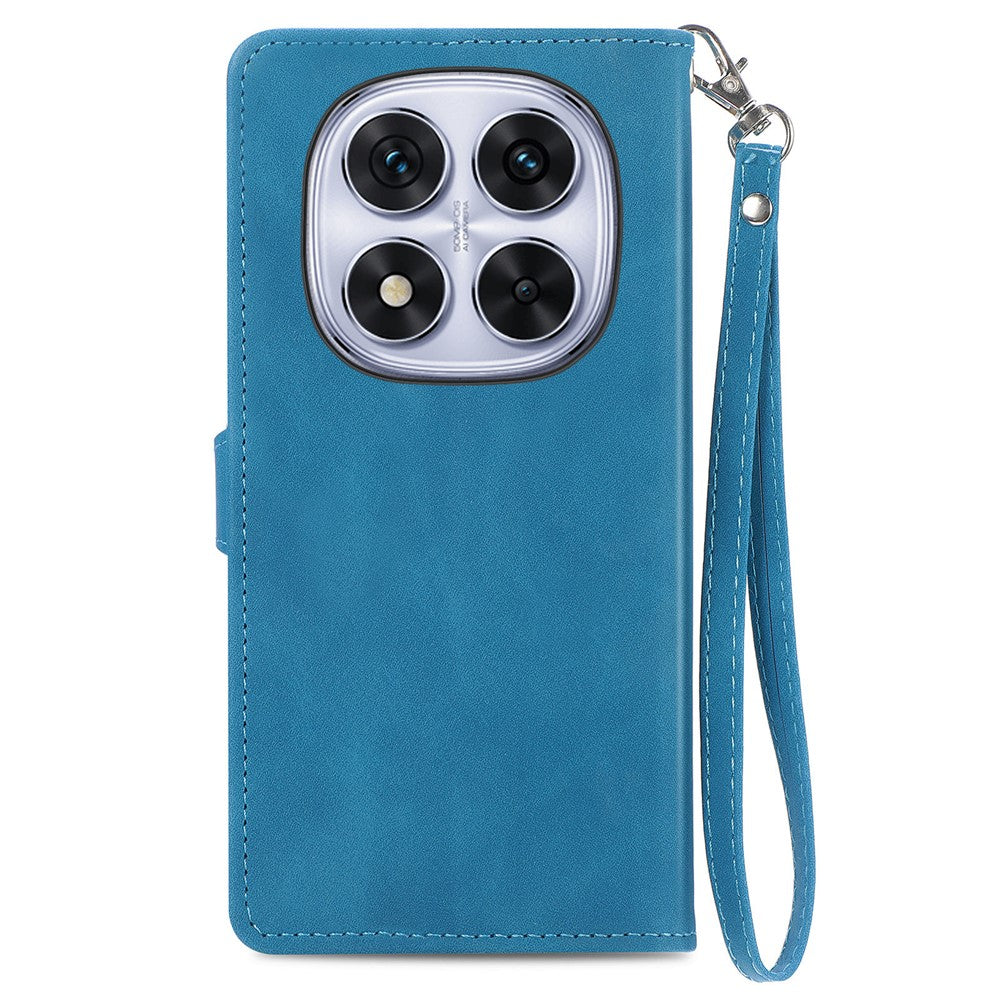 For Xiaomi Poco M8 Pro 5G / Redmi Note 15 Pro+ 5G (Global) Zipper Wallet Case with Strap Flower Imprint PU Leather Phone Cover - Blue