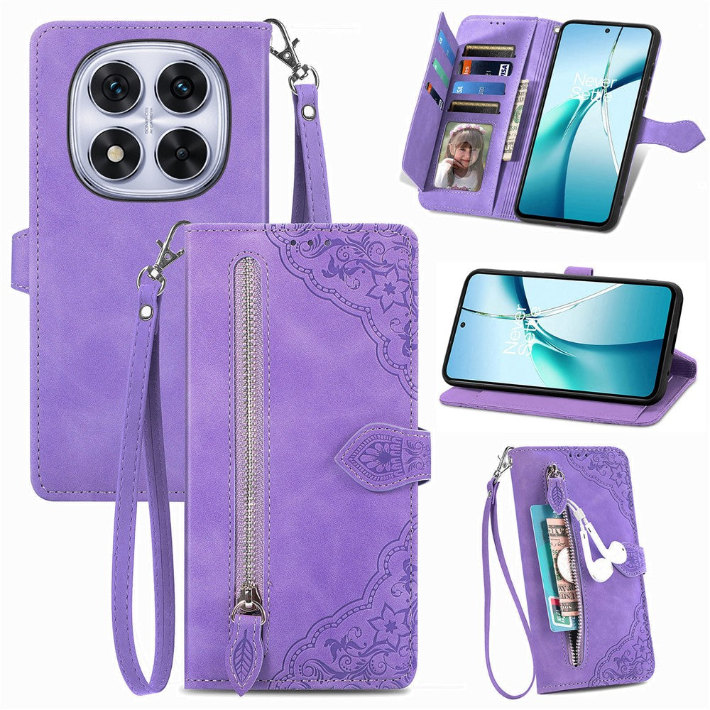 For Xiaomi Poco M8 Pro 5G / Redmi Note 15 Pro+ 5G (Global) Zipper Wallet Case with Strap Flower Imprint PU Leather Phone Cover - Light Purple