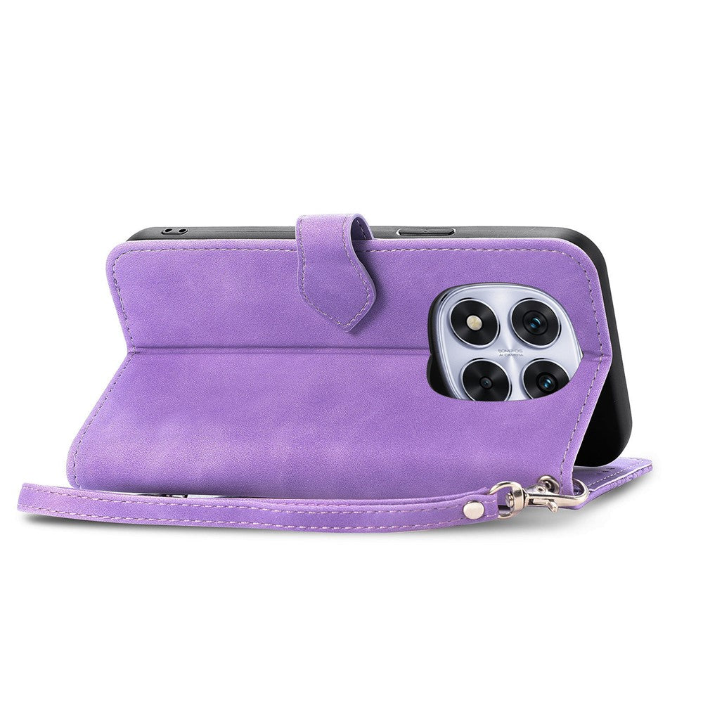 For Xiaomi Poco M8 Pro 5G / Redmi Note 15 Pro+ 5G (Global) Zipper Wallet Case with Strap Flower Imprint PU Leather Phone Cover - Light Purple