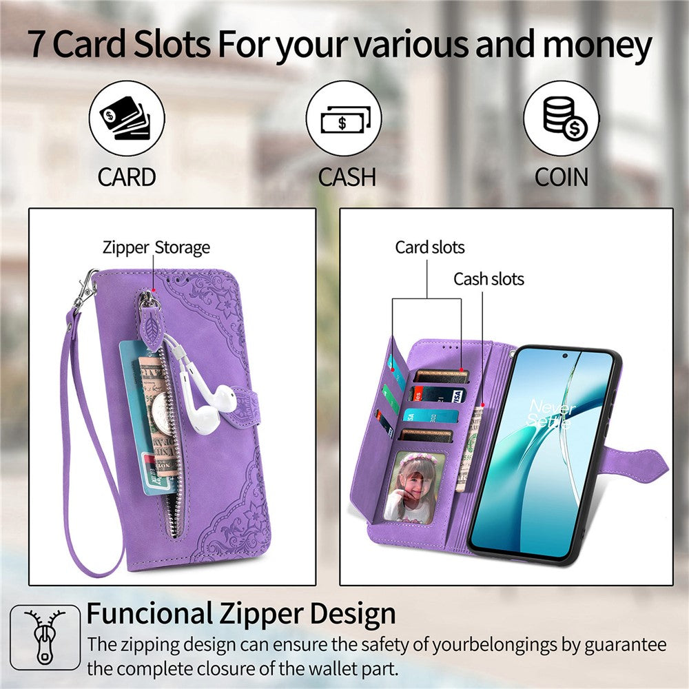 For Xiaomi Poco M8 Pro 5G / Redmi Note 15 Pro+ 5G (Global) Zipper Wallet Case with Strap Flower Imprint PU Leather Phone Cover - Light Purple