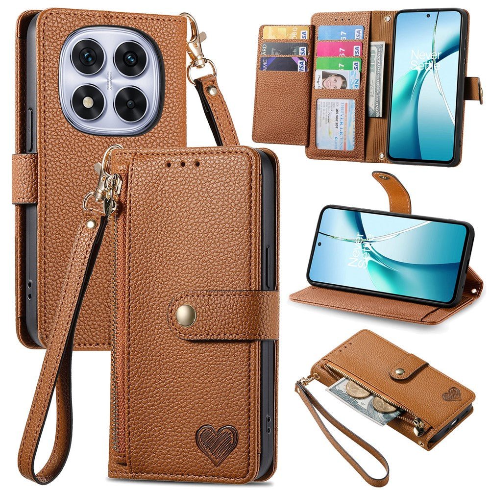 For Xiaomi Poco M8 Pro 5G / Redmi Note 15 Pro+ 5G (Global) Case RFID Blocking Zipper Pocket Leather Wallet Phone Cover with Strap - Brown