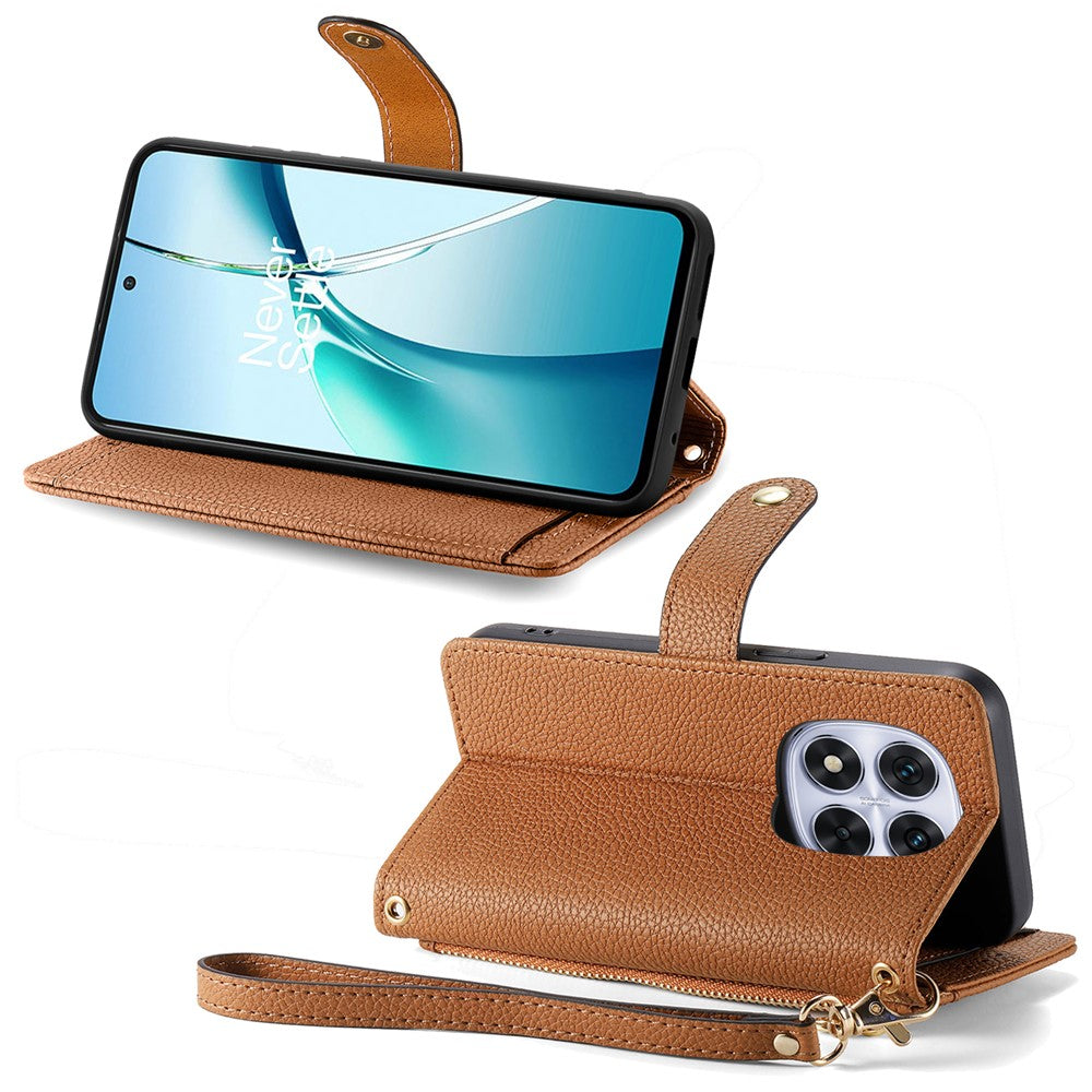 For Xiaomi Poco M8 Pro 5G / Redmi Note 15 Pro+ 5G (Global) Case RFID Blocking Zipper Pocket Leather Wallet Phone Cover with Strap - Brown