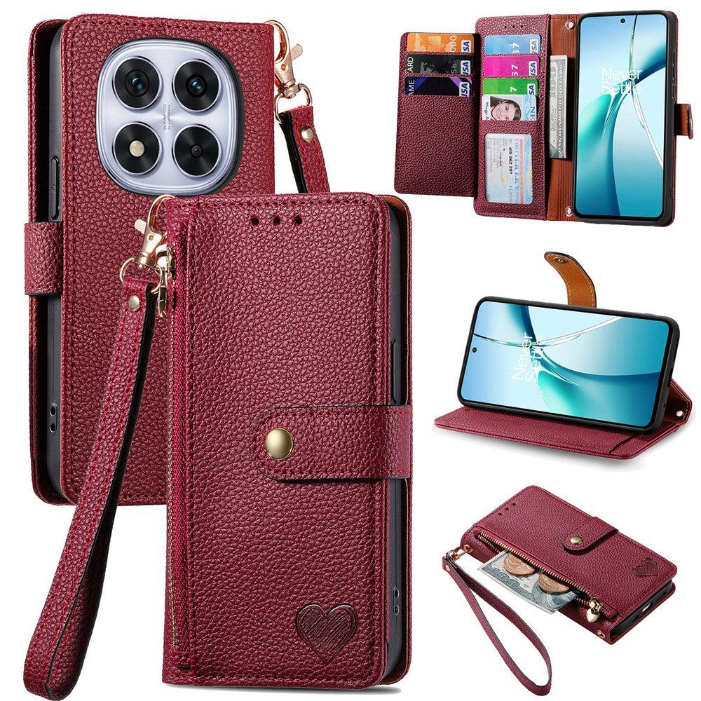 For Xiaomi Poco M8 Pro 5G / Redmi Note 15 Pro+ 5G (Global) Case RFID Blocking Zipper Pocket Leather Wallet Phone Cover with Strap - Red