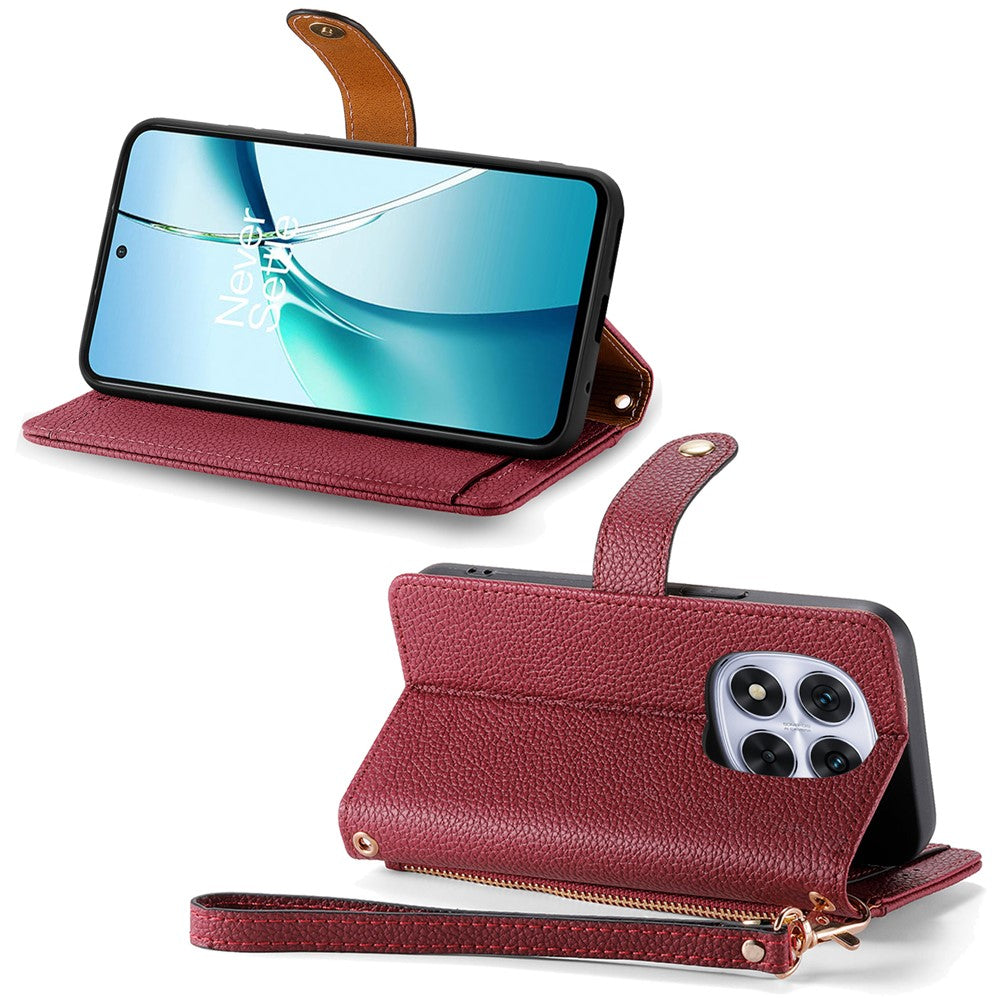 For Xiaomi Poco M8 Pro 5G / Redmi Note 15 Pro+ 5G (Global) Case RFID Blocking Zipper Pocket Leather Wallet Phone Cover with Strap - Red