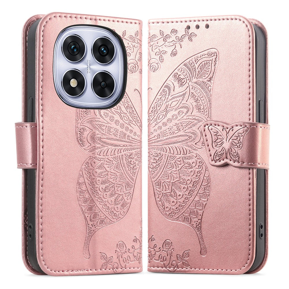 For Xiaomi Poco M8 Pro 5G / Redmi Note 15 Pro+ 5G (Global) Case with Strap Butterfly Pattern PU Leather Wallet Phone Cover - Rose Gold