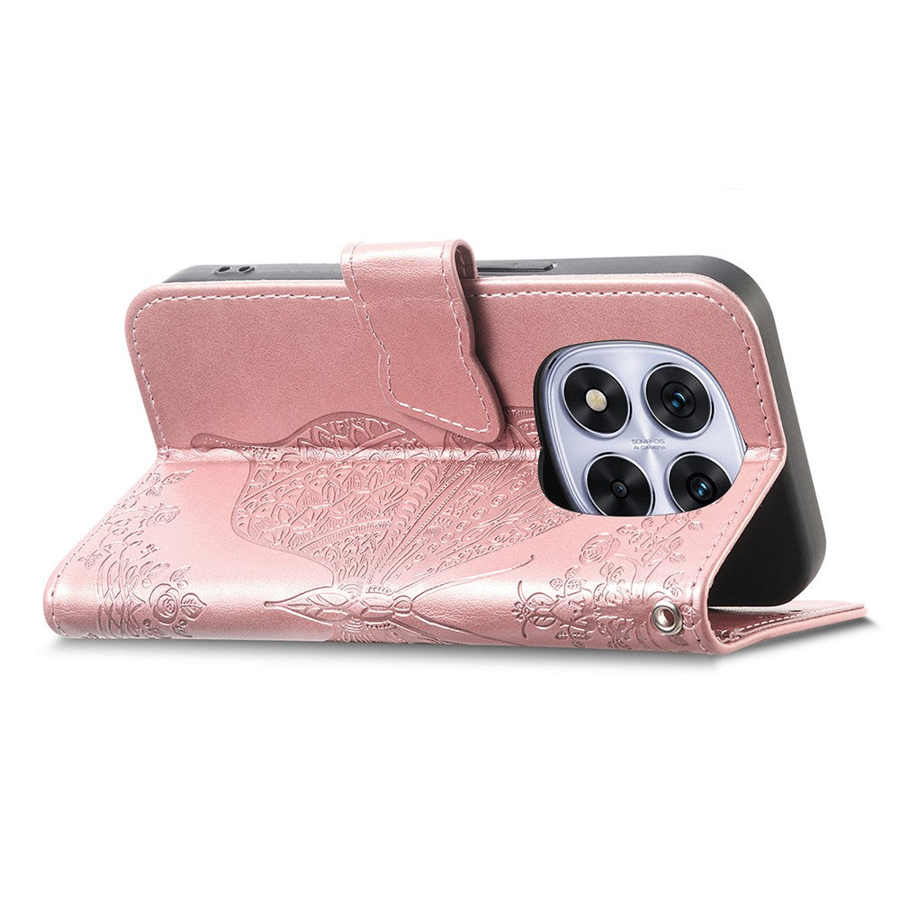 For Xiaomi Poco M8 Pro 5G / Redmi Note 15 Pro+ 5G (Global) Case with Strap Butterfly Pattern PU Leather Wallet Phone Cover - Rose Gold